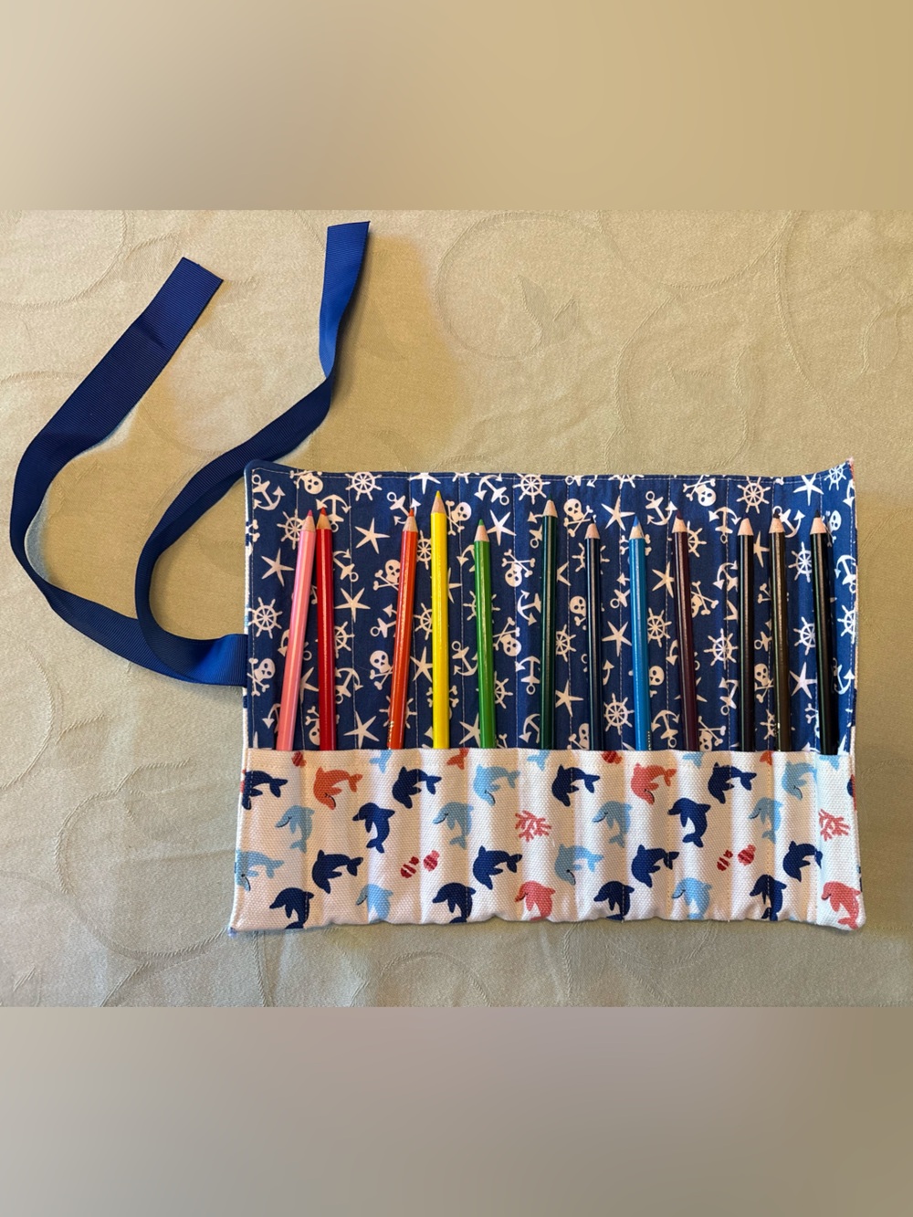 Handmade Kids Nautical Pencil Roll - Dolphin Print